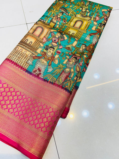 Ethnic Sea Green Kalamkari Printed Saree With Confounding Blouse Piece Policona-Kanjivaram Silk Main image