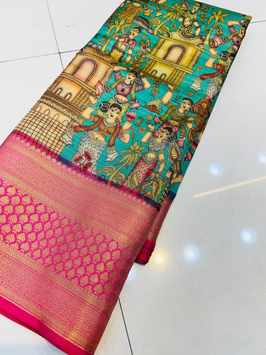 Ethnic Sea Green Kalamkari Printed Saree With Confounding Blouse Piece Policona-Kanjivaram Silk