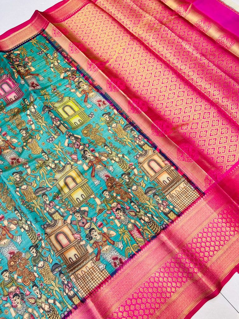 Ethnic Sea Green Kalamkari Printed Saree With Confounding Blouse Piece Policona-Kanjivaram Silk