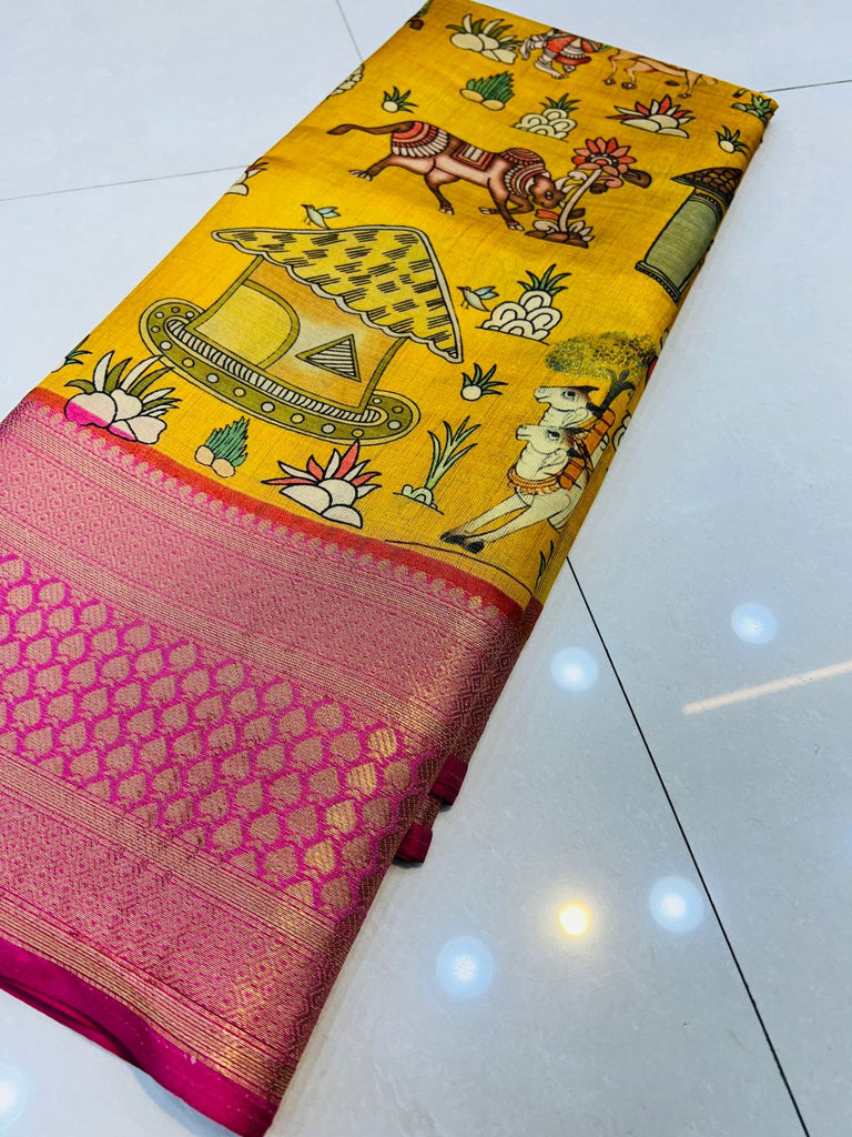 Smart Yellow Kalamkari Printed Saree With Redolent Blouse Piece Policona-Kanjivaram Silk