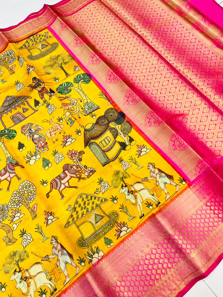 Smart Yellow Kalamkari Printed Saree With Redolent Blouse Piece Policona-Kanjivaram Silk