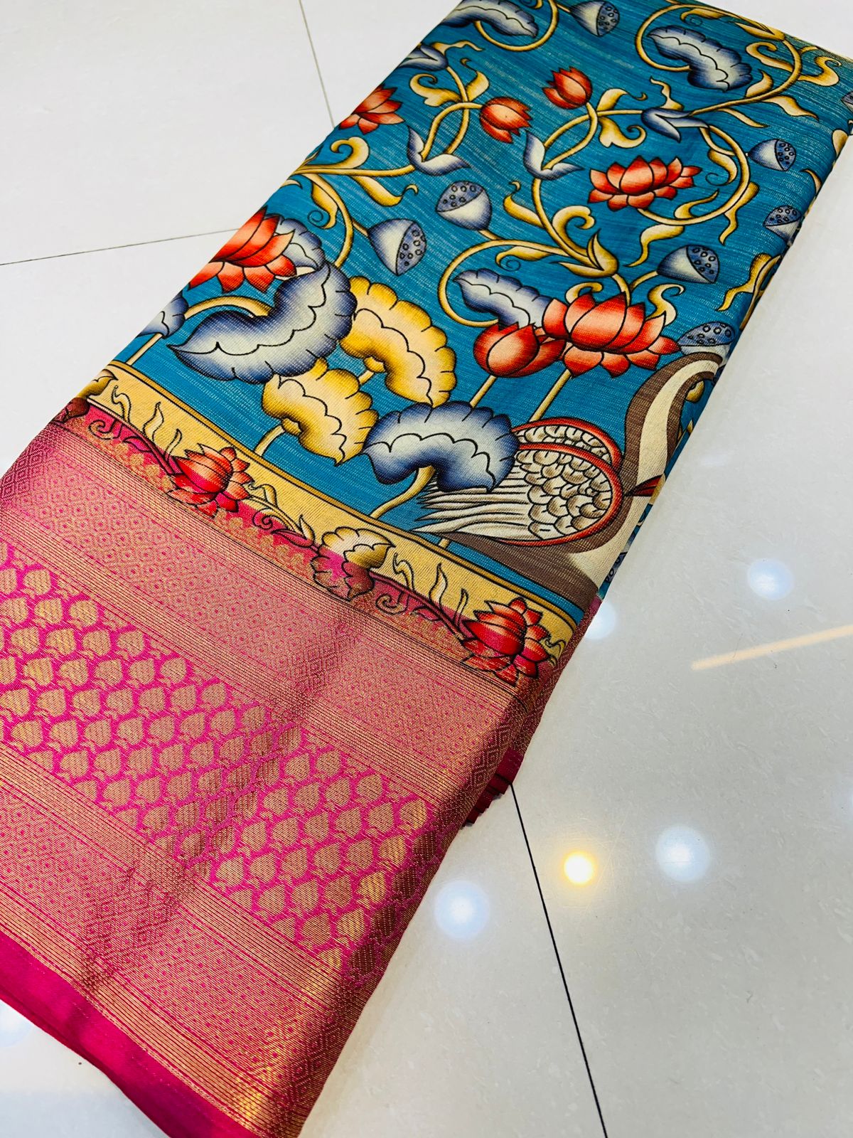 Gratifying Blue Kalamkari Printed Saree With Ephemeral Blouse Piece Policona-Kanjivaram Silk
