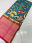 Gratifying Blue Kalamkari Printed Saree With Ephemeral Blouse Piece Policona-Kanjivaram Silk