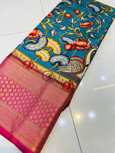 Load image into Gallery viewer, Gratifying Blue Kalamkari Printed Saree With Ephemeral Blouse Piece Policona-Kanjivaram Silk