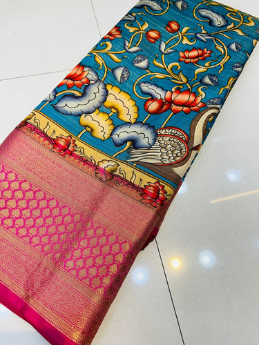 Gratifying Blue Kalamkari Printed Saree With Ephemeral Blouse Piece Policona-Kanjivaram Silk