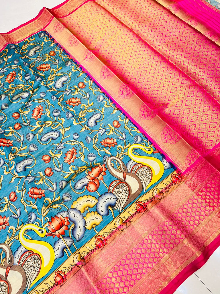 Gratifying Blue Kalamkari Printed Saree With Ephemeral Blouse Piece Policona-Kanjivaram Silk