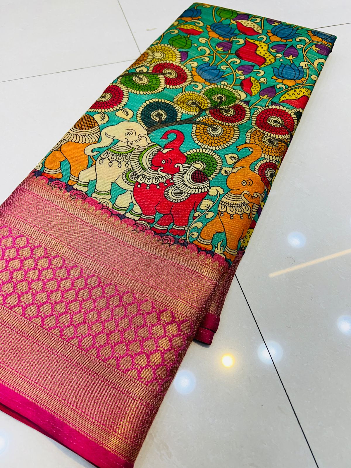Mesmerising Firozi Kalamkari Printed Saree With Ailurophile Blouse Piece Policona-Kanjivaram Silk
