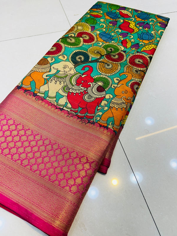 Mesmerising Firozi Kalamkari Printed Saree With Ailurophile Blouse Piece Policona-Kanjivaram Silk
