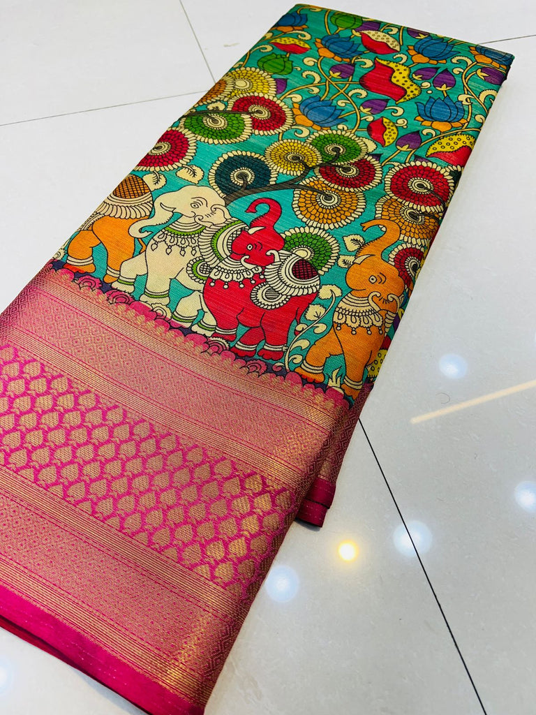 Mesmerising Firozi Kalamkari Printed Saree With Ailurophile Blouse Piece Policona-Kanjivaram Silk