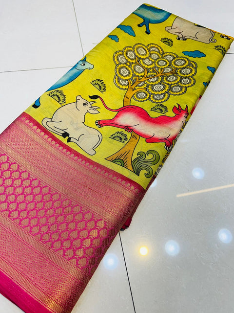 Alluring Beige Kalamkari Printed Saree With Adoring Blouse Piece Policona-Kanjivaram Silk Main image