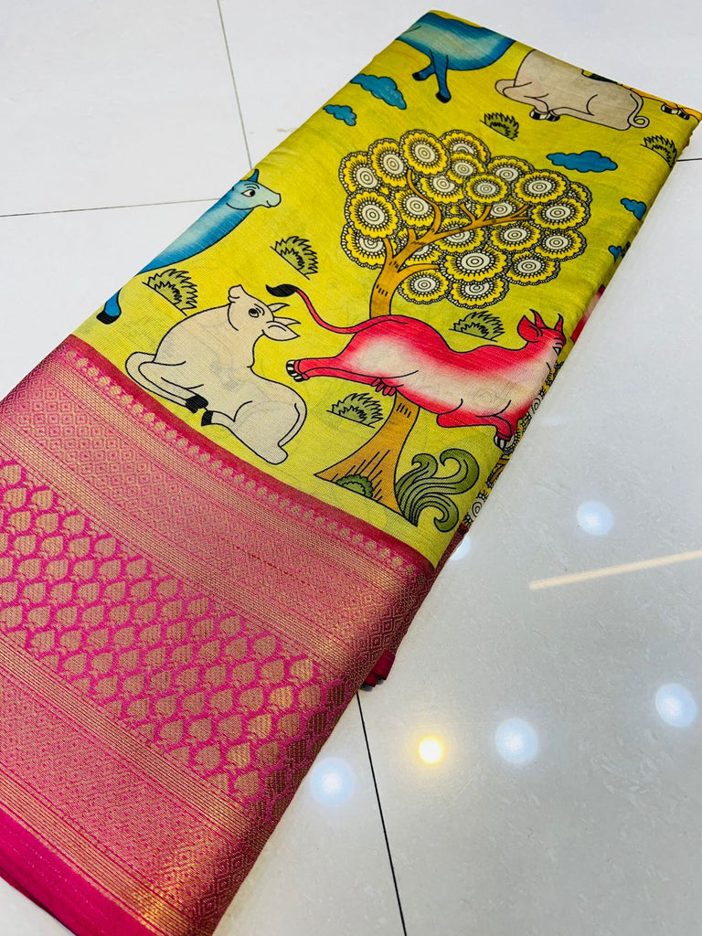 Alluring Beige Kalamkari Printed Saree With Adoring Blouse Piece Policona-Kanjivaram Silk