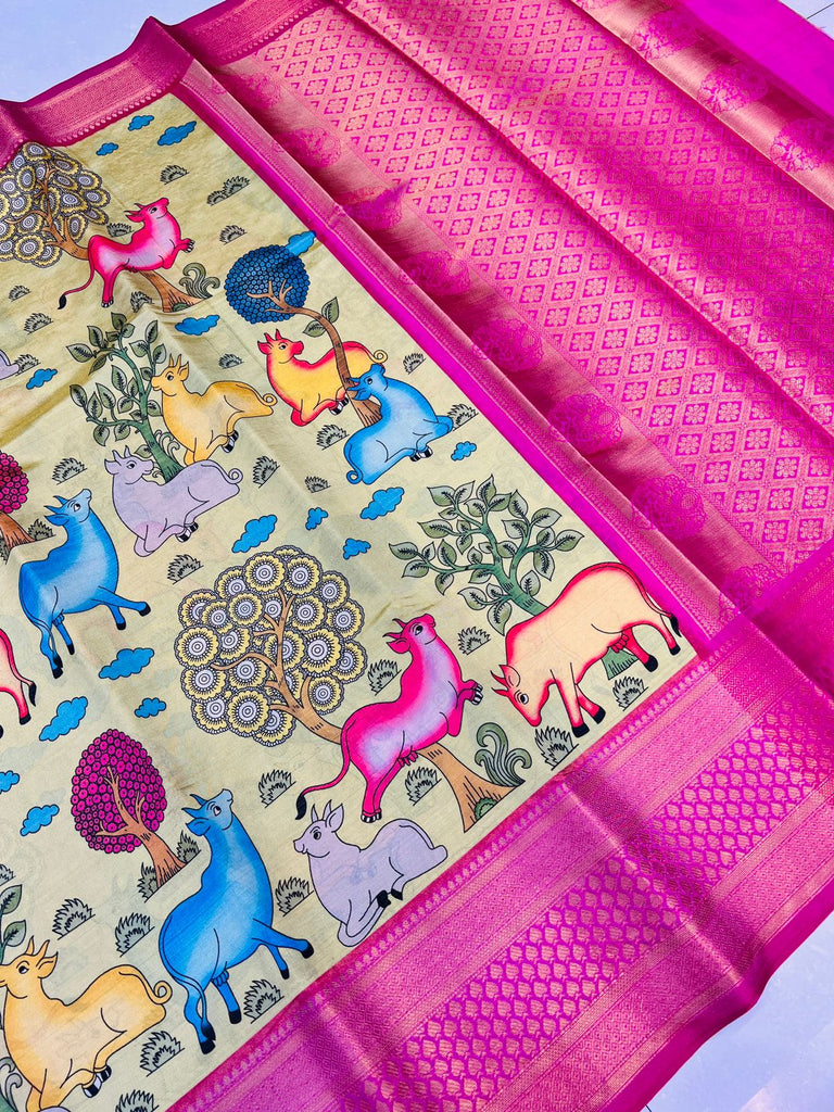 Alluring Beige Kalamkari Printed Saree With Adoring Blouse Piece Policona-Kanjivaram Silk