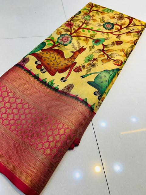 Sophisticated Beige Kalamkari Printed Saree With Glorious Blouse Piece Policona-Kanjivaram Silk Main image