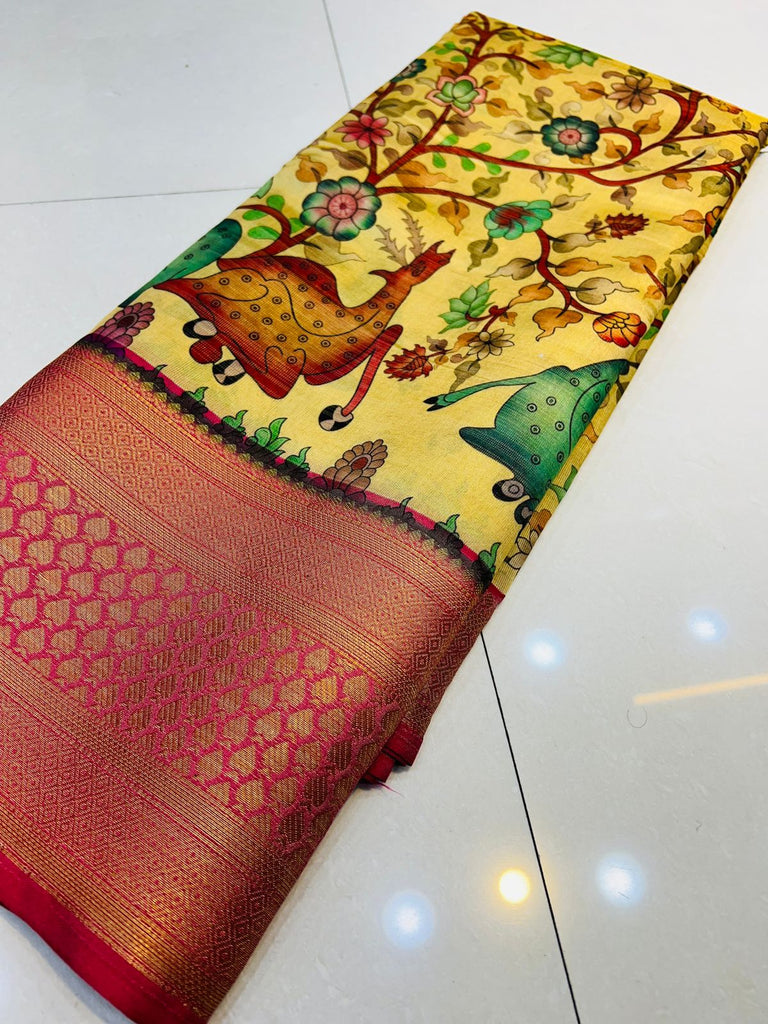 Sophisticated Beige Kalamkari Printed Saree With Glorious Blouse Piece Policona-Kanjivaram Silk