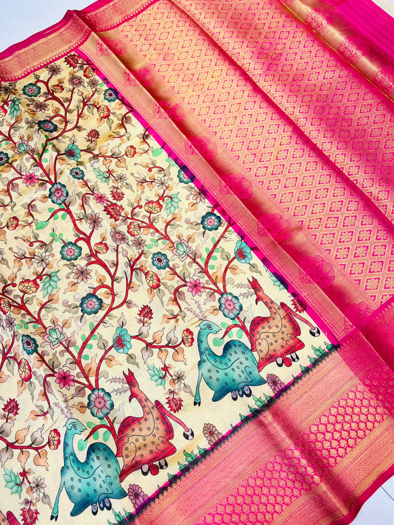 Sophisticated Beige Kalamkari Printed Saree With Glorious Blouse Piece Policona-Kanjivaram Silk