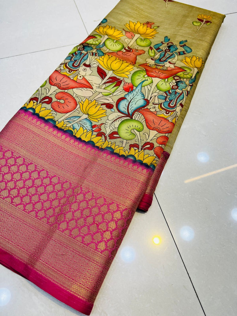 Extraordinary Beige Kalamkari Printed Saree With Hypnotic Blouse Piece Policona-Kanjivaram Silk