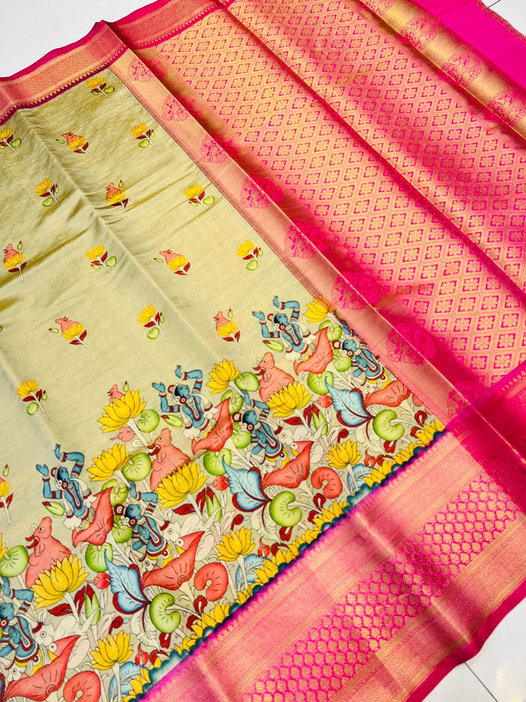 Extraordinary Beige Kalamkari Printed Saree With Hypnotic Blouse Piece Policona-Kanjivaram Silk