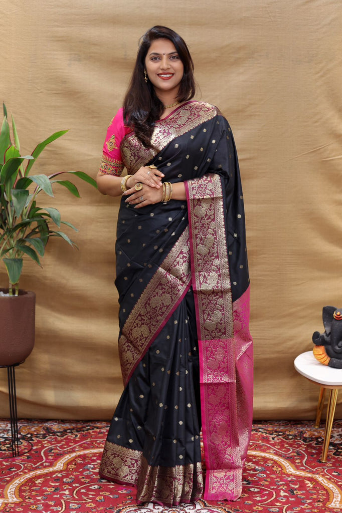 Seraglio Black Soft Banarasi Silk Saree With Divine Blouse Piece Policona-Banarasi Silk