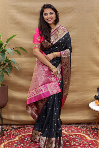 Seraglio Black Soft Banarasi Silk Saree With Divine Blouse Piece Policona-Banarasi Silk