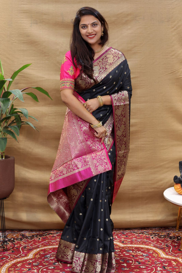 Seraglio Black Soft Banarasi Silk Saree With Divine Blouse Piece Policona-Banarasi Silk