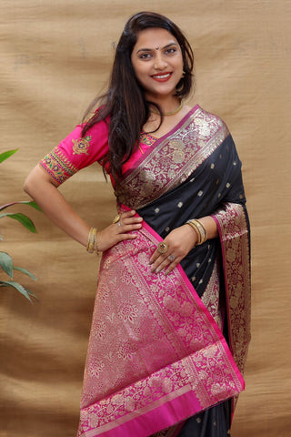 Seraglio Black Soft Banarasi Silk Saree With Divine Blouse Piece Policona-Banarasi Silk