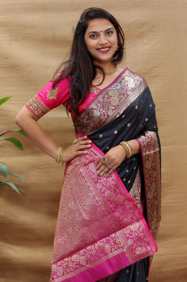 Seraglio Black Soft Banarasi Silk Saree With Divine Blouse Piece Policona-Banarasi Silk