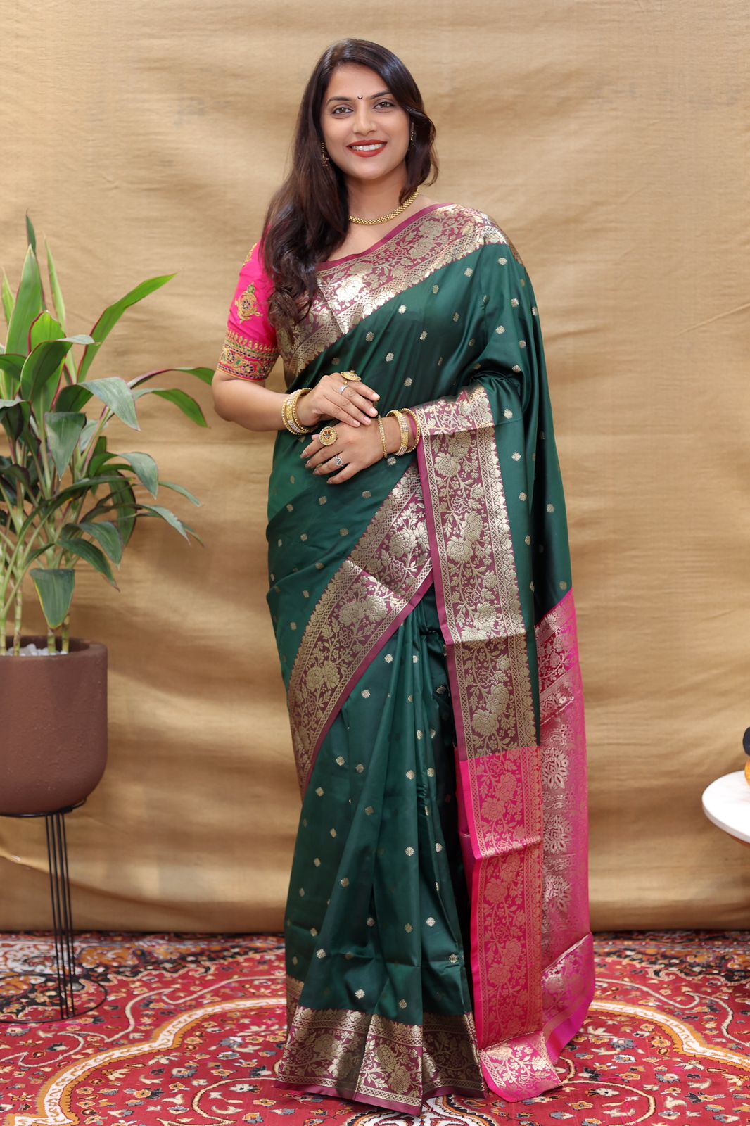 Palimpsest Dark Green Soft Banarasi Silk Saree With Stunner Blouse Piece Policona-Banarasi Silk Main image