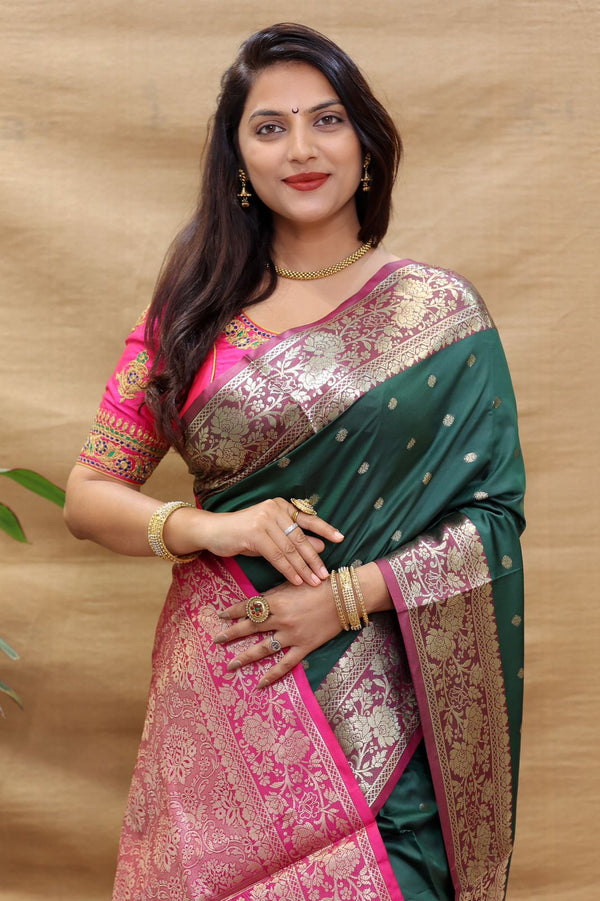 Palimpsest Dark Green Soft Banarasi Silk Saree With Stunner Blouse Piece Policona-Banarasi Silk