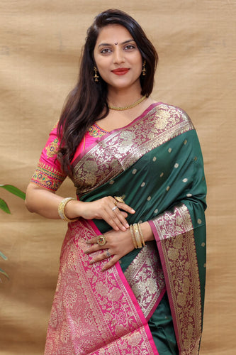 Palimpsest Dark Green Soft Banarasi Silk Saree With Stunner Blouse Piece Policona-Banarasi Silk