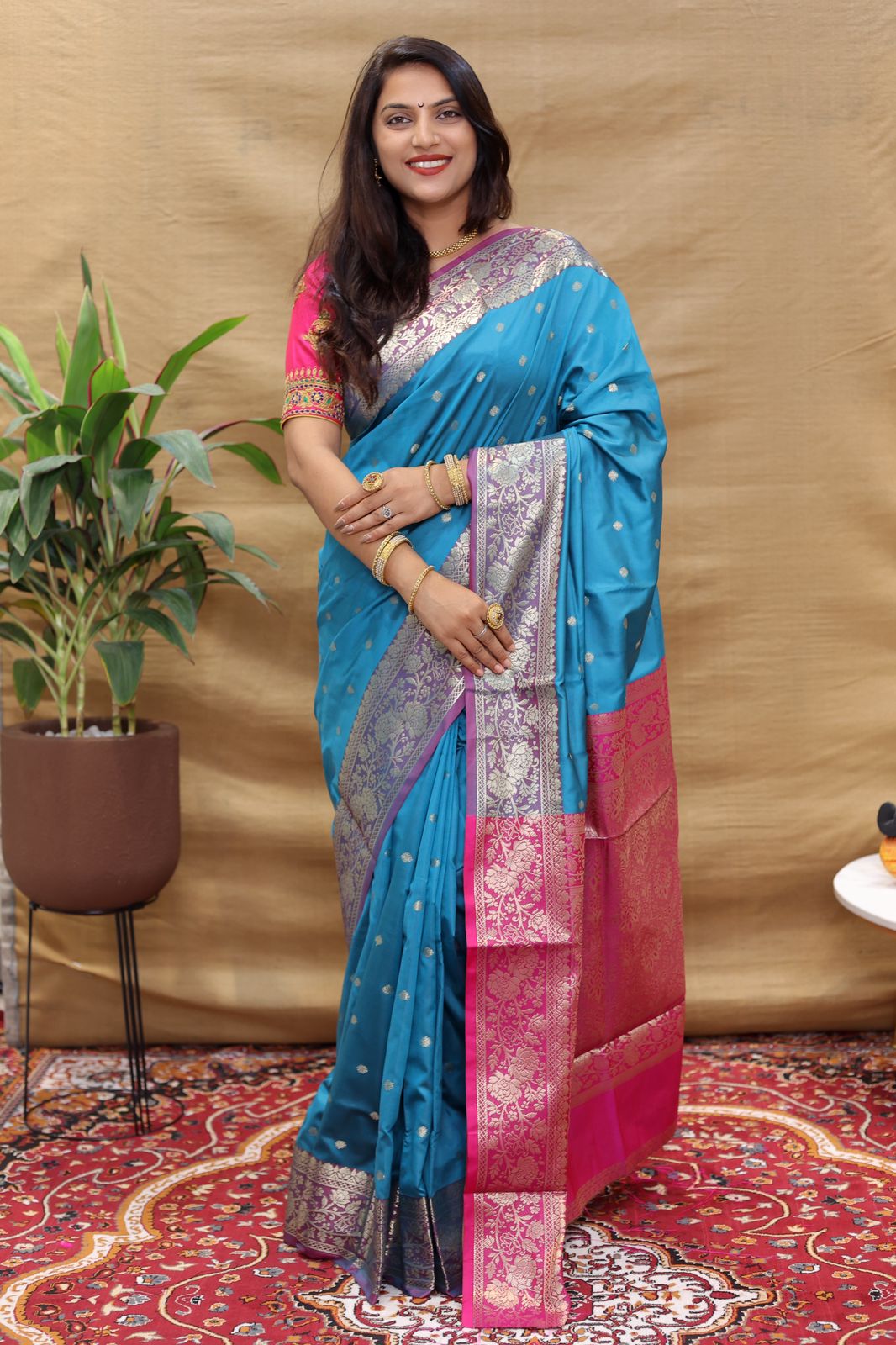 Glittering Firozi Soft Banarasi Silk Saree With Flamboyant Blouse Piece Policona-Banarasi Silk