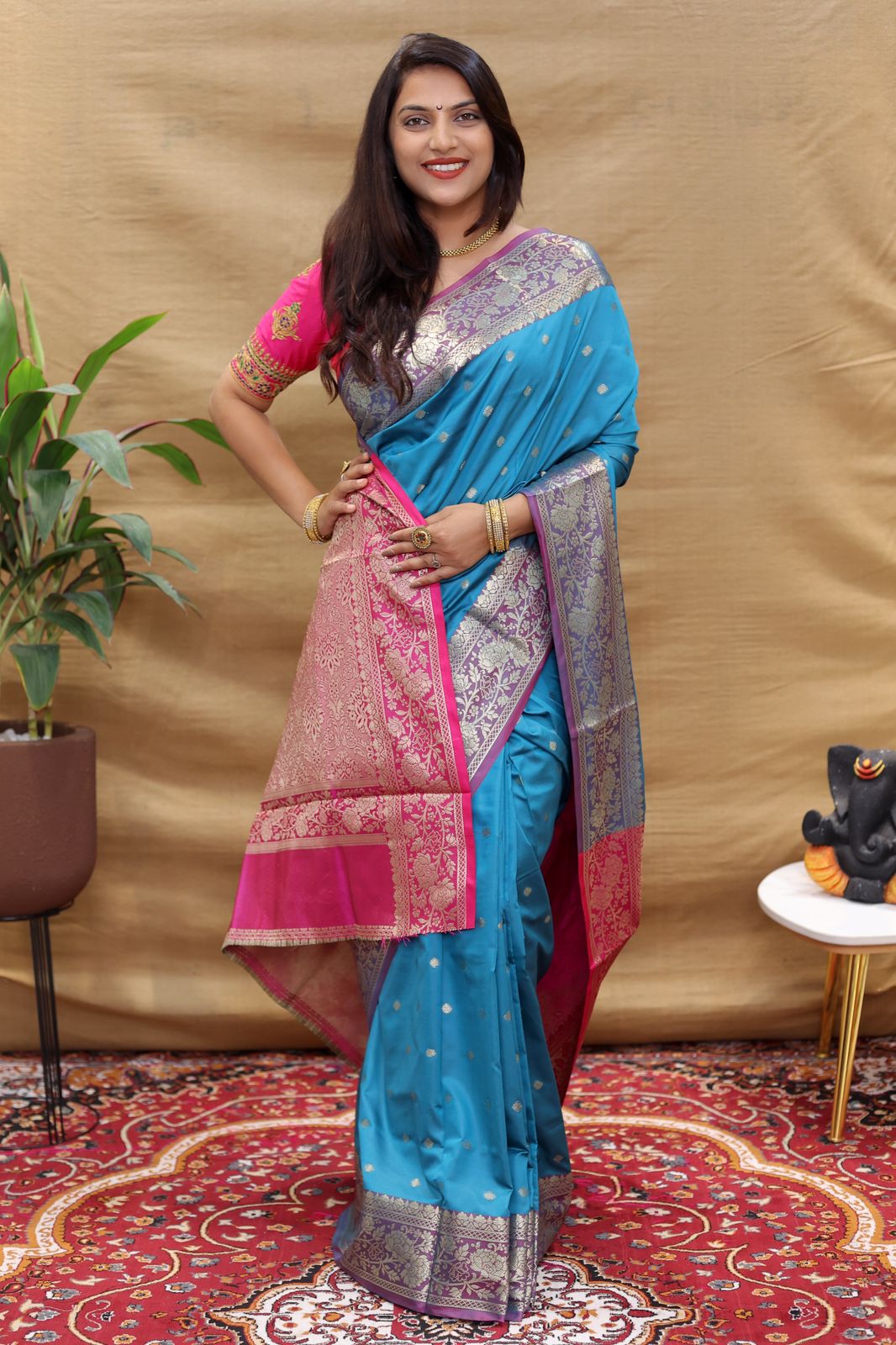 Glittering Firozi Soft Banarasi Silk Saree With Flamboyant Blouse Piece Policona-Banarasi Silk Main image