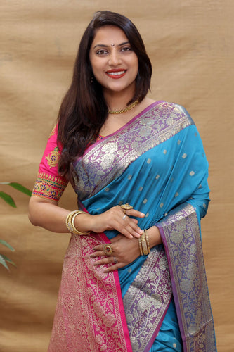 Glittering Firozi Soft Banarasi Silk Saree With Flamboyant Blouse Piece Policona-Banarasi Silk