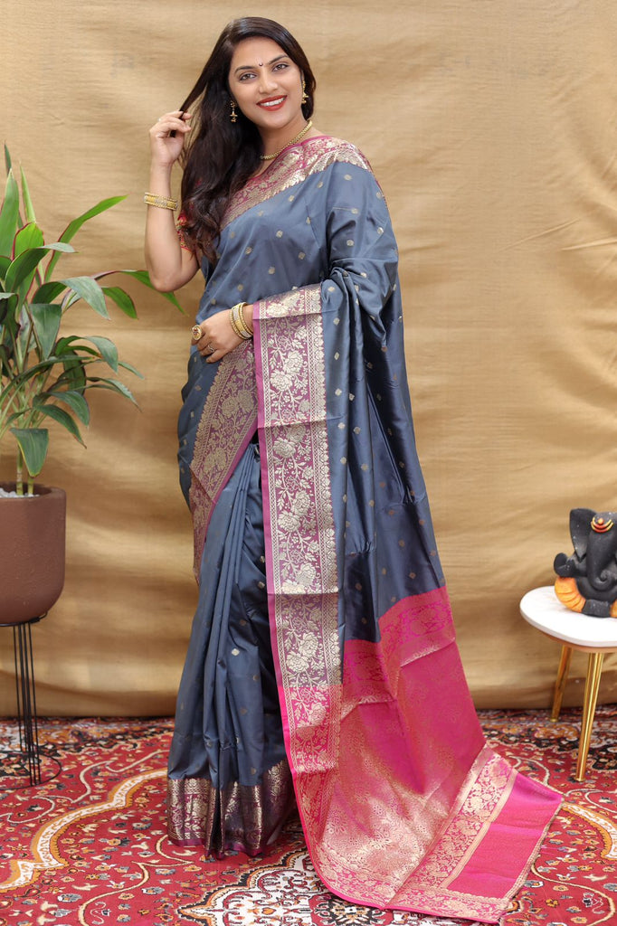 Transcendent Grey Soft Banarasi Silk Saree With Engrossing Blouse Piece Policona-Banarasi Silk