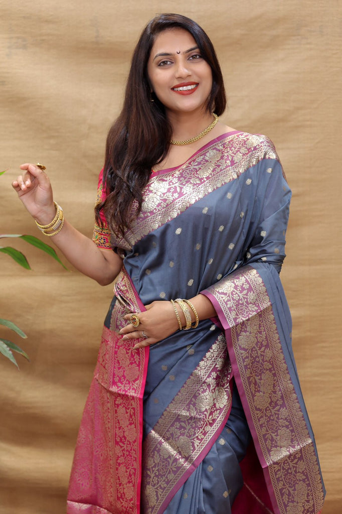 Transcendent Grey Soft Banarasi Silk Saree With Engrossing Blouse Piece Policona-Banarasi Silk