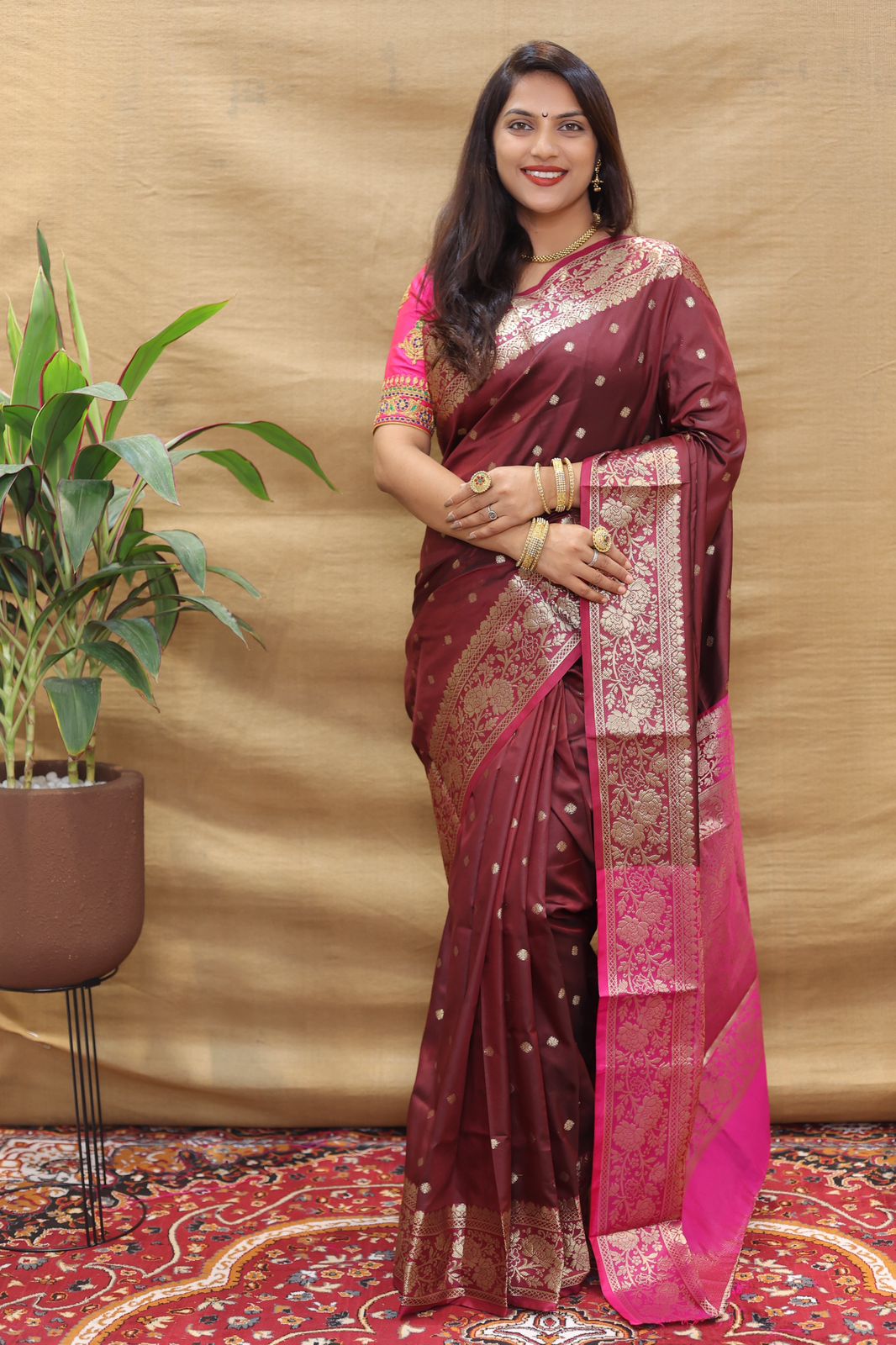 Ailurophile Maroon Soft Banarasi Silk Saree With Girlish Blouse Piece Policona-Banarasi Silk