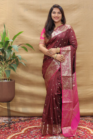 Ailurophile Maroon Soft Banarasi Silk Saree With Girlish Blouse Piece Policona-Banarasi Silk