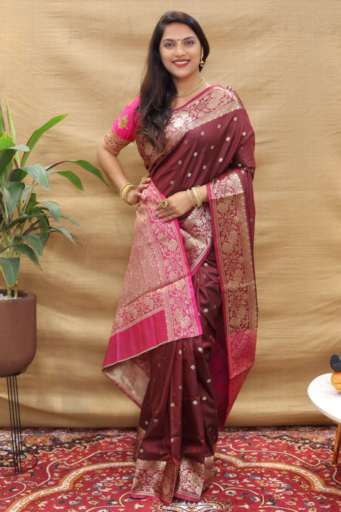 Ailurophile Maroon Soft Banarasi Silk Saree With Girlish Blouse Piece Policona-Banarasi Silk