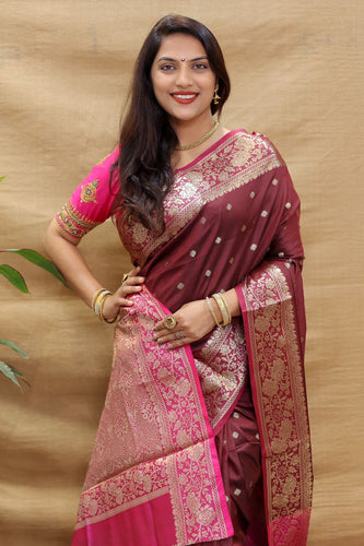 Ailurophile Maroon Soft Banarasi Silk Saree With Girlish Blouse Piece Policona-Banarasi Silk