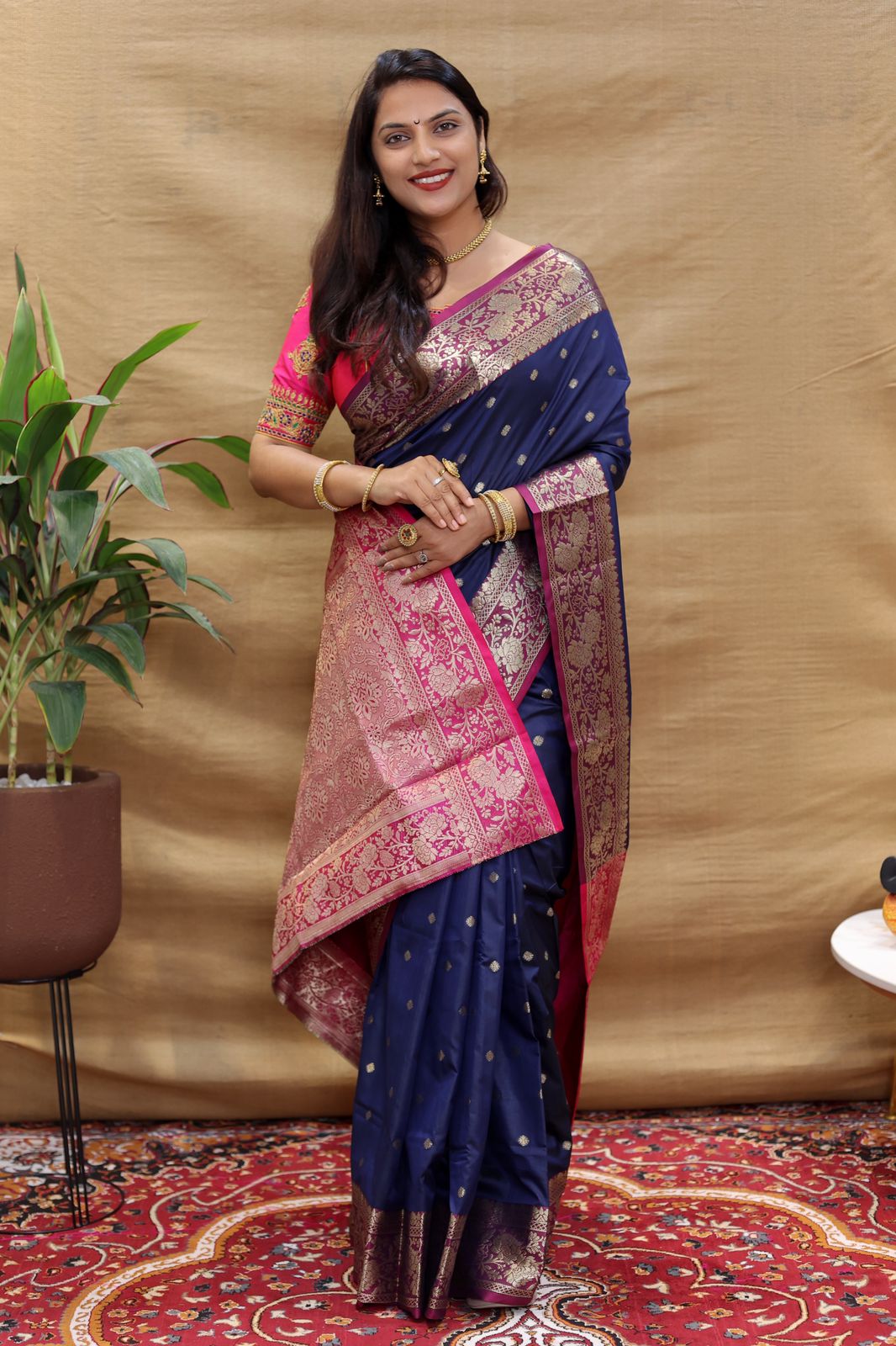 Embrocation Navy Blue Soft Banarasi Silk Saree With Unique Blouse Piece Policona-Banarasi Silk Main image