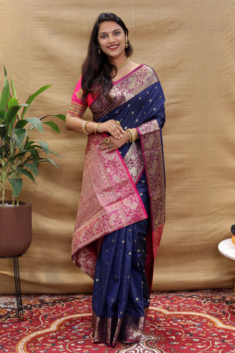 Embrocation Navy Blue Soft Banarasi Silk Saree With Unique Blouse Piece Policona-Banarasi Silk