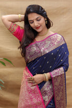 Load image into Gallery viewer, Embrocation Navy Blue Soft Banarasi Silk Saree With Unique Blouse Piece Policona-Banarasi Silk