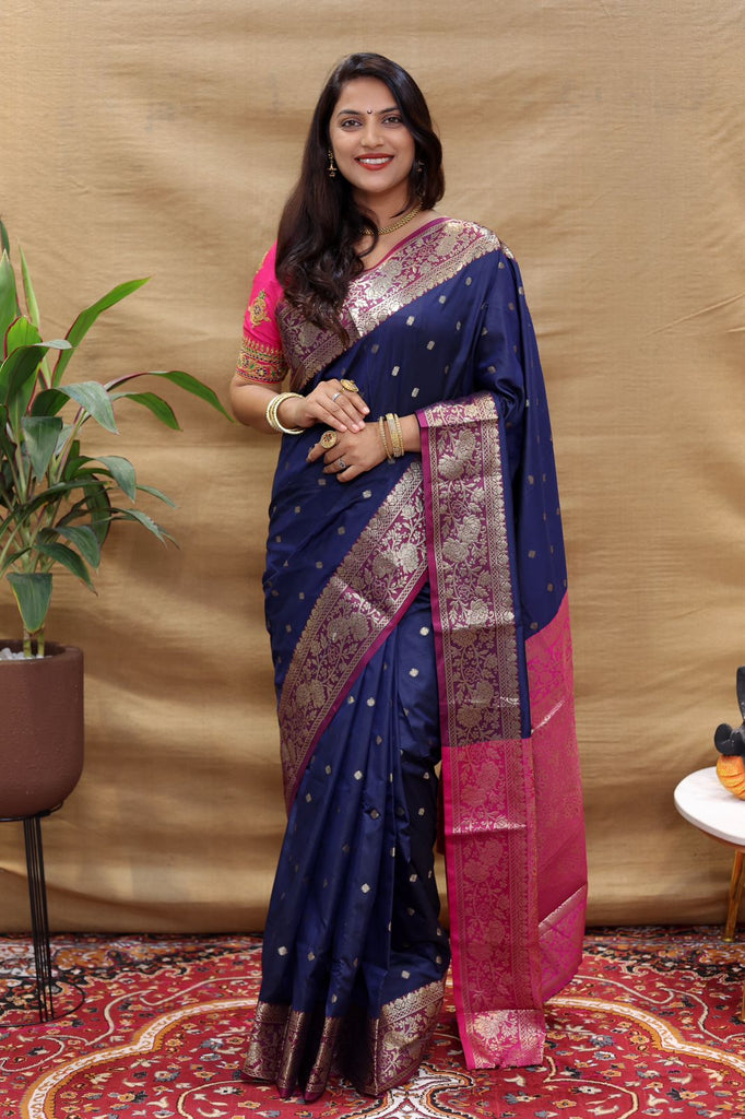 Embrocation Navy Blue Soft Banarasi Silk Saree With Unique Blouse Piece Policona-Banarasi Silk