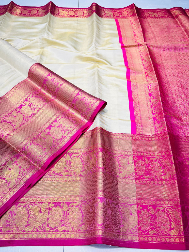 Preferable Beige Kanjivaram Silk Saree With Forbearance Blouse Piece Policona-Kanjivaram Silk