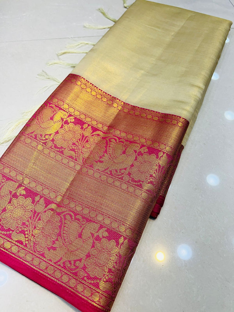 Preferable Beige Kanjivaram Silk Saree With Forbearance Blouse Piece Policona-Kanjivaram Silk