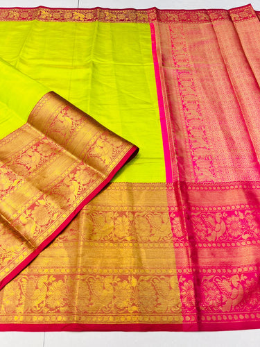 Fairytale Parrot Kanjivaram Silk Saree With Confounding Blouse Piece Policona-Kanjivaram Silk