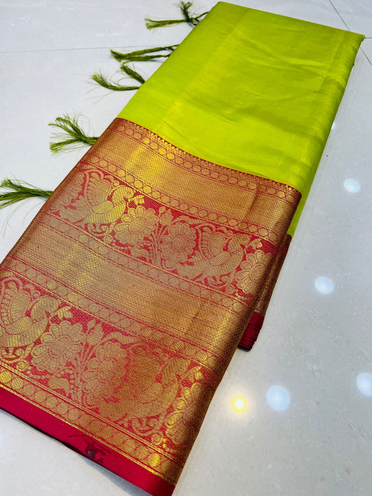 Fairytale Parrot Kanjivaram Silk Saree With Confounding Blouse Piece Policona-Kanjivaram Silk