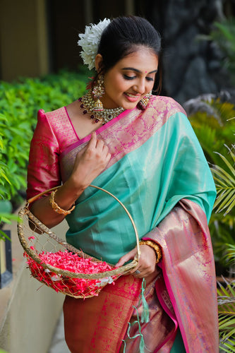 Breathtaking Sea Green Kanjivaram Silk Saree With Scintilla Blouse Piece Policona-Kanjivaram Silk