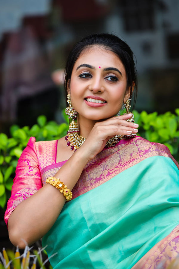 Breathtaking Sea Green Kanjivaram Silk Saree With Scintilla Blouse Piece Policona-Kanjivaram Silk