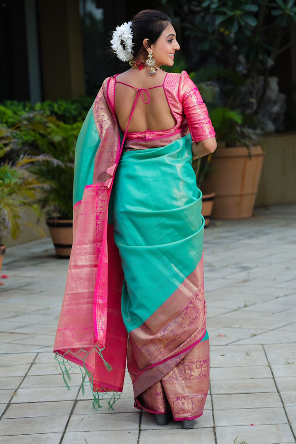 Breathtaking Sea Green Kanjivaram Silk Saree With Scintilla Blouse Piece Policona-Kanjivaram Silk