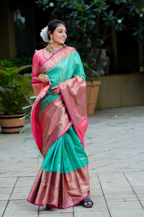 Breathtaking Sea Green Kanjivaram Silk Saree With Scintilla Blouse Piece Policona-Kanjivaram Silk